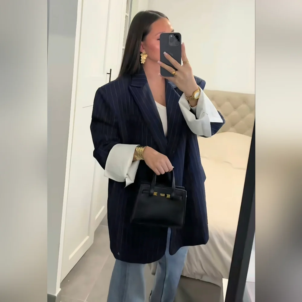 Zara NWT Oversized Pinstripe Blazer Navy Blue Size XS/S